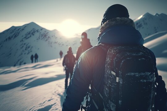 groupe de personnes faisant du ski, du surf et autres activités de neige hivernale dans la montagne