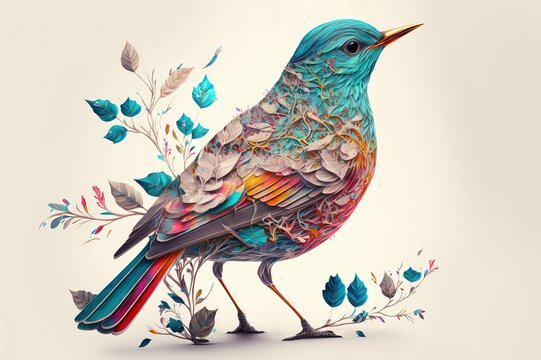 illustration numérique, oiseau coloré sur fond blanc, style peinture