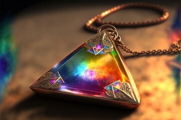 beautiful glowing crystal prismatic amulet laying on the table in a magical  workshop Generative AI - obrazy, fototapety, plakaty