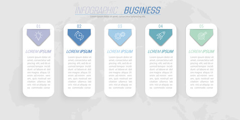 Infographics. 5 stages of development, marketing, workflow or plan. Business strategy with icons. Report and statistics diagram