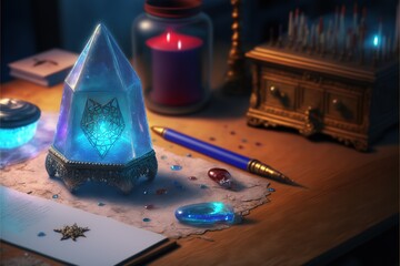 beautiful glowing crystal prismatic amulet laying on the table in a magical workshop created with Generative AI technology