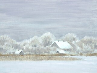 Village in winter. Oil painting with a winter landscape. Countryside with snow