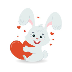 A happy light gray rabbit hugs a red heart. Cute vector illustration for valentine's day.
