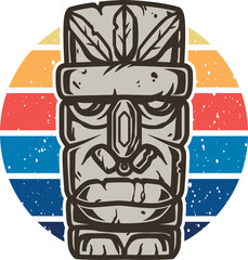 Colored surfing print of stone tiki mask, face idol. Vector illustration hawaii summer t-shirt design