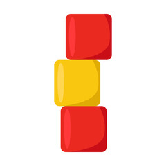 Stack of red and yellow toy cubes for infants vector illustration. Geometric toy from wood for babies in kindergarten and block sorters on white background. Education concept