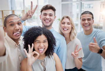 Peace sign, thumbs up and selfie of business people in office. Comic face, portrait or group of friends or workers with tongue out and hand gestures, taking pictures for social media or happy memory