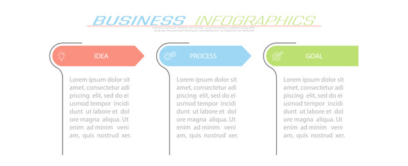 Business infographics. 3 stages of achieving the goal. Stages of the workflow, development, marketing, plan or training. Business strategy with icon icons. Report or statistics schema