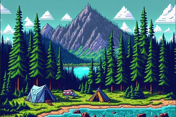 Pixel art camping with tents and bonfires, camping in the forest with river and mountains, landscape in retro style for 8 bit game, Generative AI