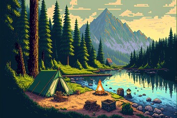 Pixel art camping with tents and bonfires, camping in the forest with river and mountains, landscape in retro style for 8 bit game, Generative AI