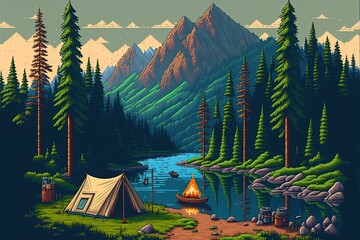 Pixel art camping with tents and bonfires, camping in the forest with river and mountains, landscape in retro style for 8 bit game, Generative AI