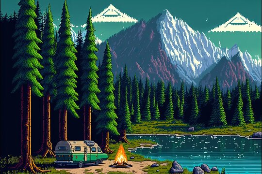 Pixel art camping with tents and bonfires, camping in the forest with river and mountains, landscape in retro style for 8 bit game, Generative AI