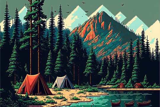 Pixel art camping with tents and bonfires, camping in the forest with river and mountains, landscape in retro style for 8 bit game, Generative AI