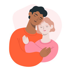 Hugging couple in love. Concept art for valentine's day. Vector flat illustration.