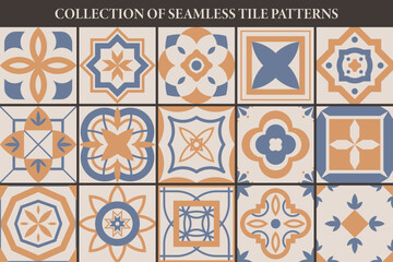 Collection of seamless geometric mosaic patterns - vintage tile textures. Decorative ornamental beautiful backgrounds. Vector repeatable tileable prints.