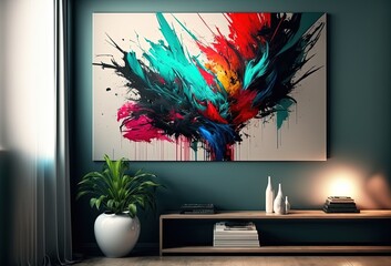 abstract color splash picture hanging on living room wall , minimal modern interior Generative Ai