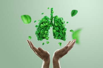 Image human lungs made of green leaves on and hands, air pollution, fresh breath, CO2, modern design, magazine style. Copy space,