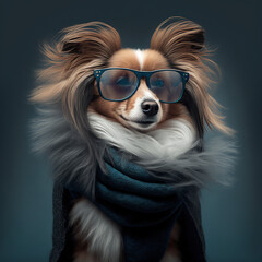 portrait of a collie wearing glasses and a scarf