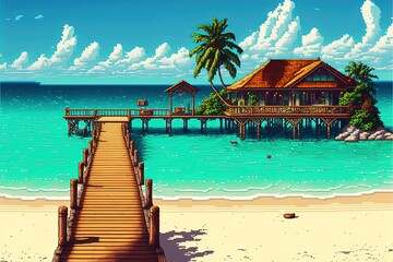 Obraz na płótnie Canvas Pixel art bungalow on paradise island beach, tropical resort, landscape in retro style for 8 bit game, Generative AI