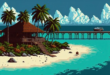 Naklejka premium Pixel art paradise island resort, beach bungalow, landscape in retro style for 8 bit game, Generative AI