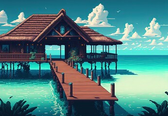 Obraz premium Pixel art bungalow on paradise island beach, tropical resort, landscape in retro style for 8 bit game, Generative AI
