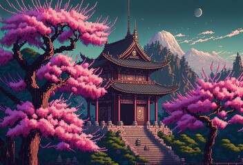 Pixel art Chinese temple and cherry trees in the mountains, landscape in retro style for 8 bit game, Generative AI
