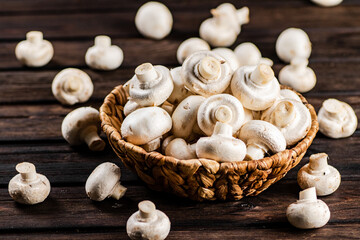 Fresh mushrooms in a basket. 