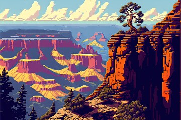 Fototapeta na wymiar Pixel art Grand Canyon, canyons of the United States, background in retro style for 8 bit game, Generative AI 