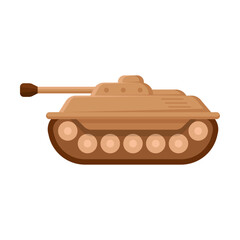 Military brown tank in cartoon style. Combat Artillery vehicle on caterpillars armed with large caliber weapons and heavy shells. War, battle concept