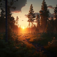 Forest sunset. AI generated.
