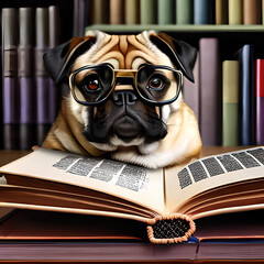 Portrait of a pug wearing glass reads a book in the library. Generative AI