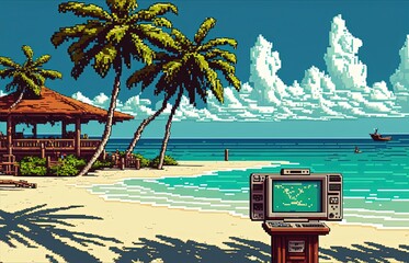 Pixel art paradise island resort, beach bungalow, landscape in retro style for 8 bit game, Generative AI