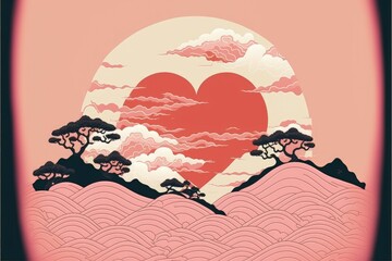 japanese style scene with heart theme, valentine's day, space for text, pink background