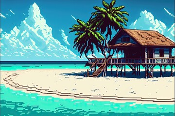 Pixel art paradise island resort, beach bungalow, landscape in retro style for 8 bit game, Generative AI
