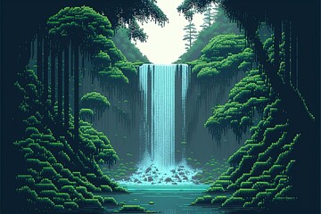 Pixel art waterfall in the forest, landscape in retro style for 8 bit game, Generative AI

