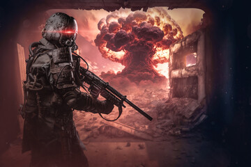 Portrait of survivor in setting of post apocalypse in destroyed city after nuclear war.