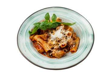 Penne with tomato sauce, basil and cheese. Traditional appetizing dish of Italian cuisine. Close-up. Top view. Isolated on white background.