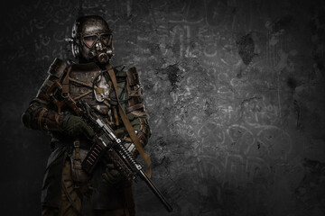 Shot of military man in setting of post apocalypse against dark background.