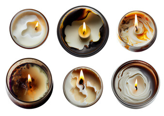 Top view of six burning candles on transparent PNG background. Created with Generative AI technology. 
