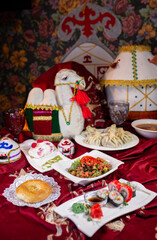 Traditional Kazakh cuisine. view from above. a family table of different dishes for the holiday.