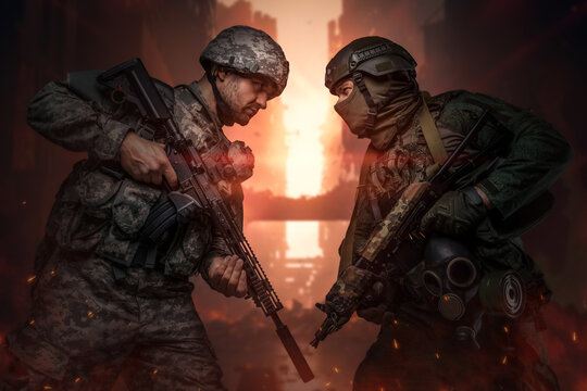 Art of two angry soldier and their combat looking each other in destroyed city.