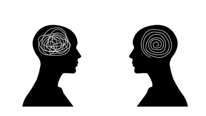 silhouette of human head with tangled line inside, like brain. concept of chaotic thought process