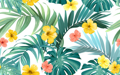 Fototapeta na wymiar Tropical pattern with green monstera leaves and hibiscus flowers. Summer vector background or textile illustration.