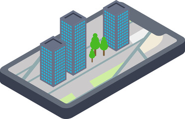 City map route navigation online on smartphone with point locator, City isometric plan with road and buildings, GPS, World Map. Isometric smart city concept.