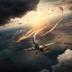 Naklejka premium World War 2 aerial battle. Action scene. Made with Generative AI.