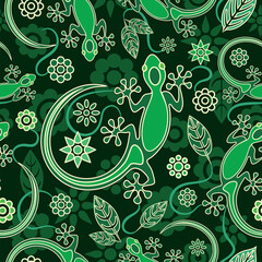 Gecko Lizard flower and Leaves Green Decorative Vector Seamless Pattern Art Textile Motive Background 