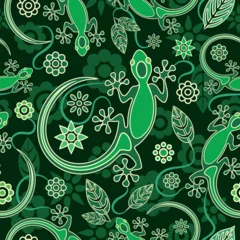 Fototapete Zeichnung Gecko Lizard flower and Leaves Green Decorative Vector Seamless Pattern Art Textile Motive Background 