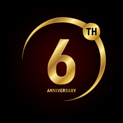 6th anniversary. Anniversary logo design concept with golden ring for anniversary celebration event, invitation card, greeting card, banner, poster, flyer, book cover. Logo Vector Template