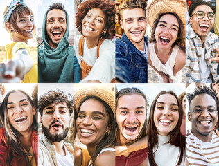 Composition with smiling people - Collage with multiethnic young faces laughing at camera 