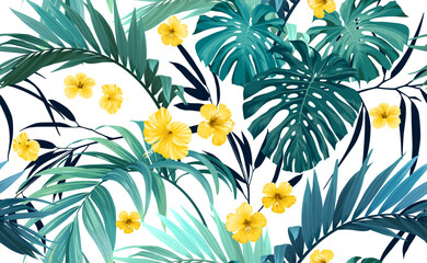 Obraz premium Tropical pattern with green monstera leaves and hibiscus flowers. Summer vector background or textile illustration.