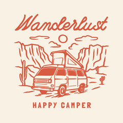 Campervan outdoor adventure hand drawn line adventure illustration Logo Badge
